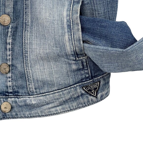 Guess Denim Trucker Jacket Faded Blue Light Wash Size L Women's Large - Picture 15 of 16
